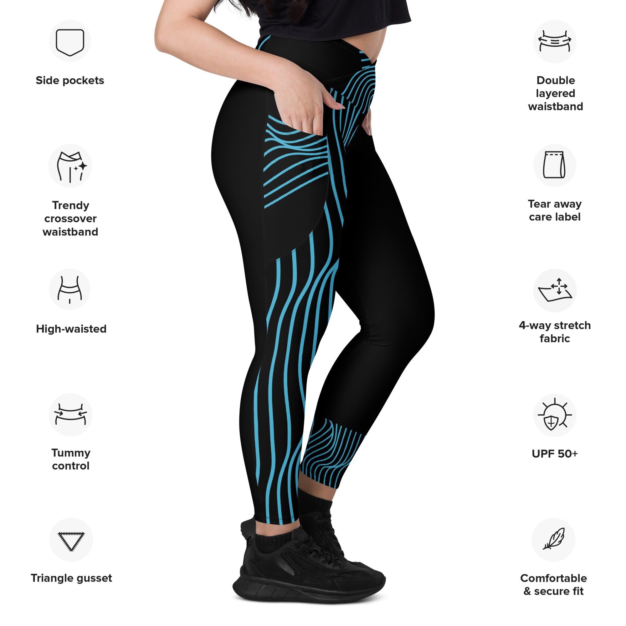 Black Workout Leggings with Pockets. Streetwear or Gymwear Crossover Leggings. Yoga Pants. WickedYo.